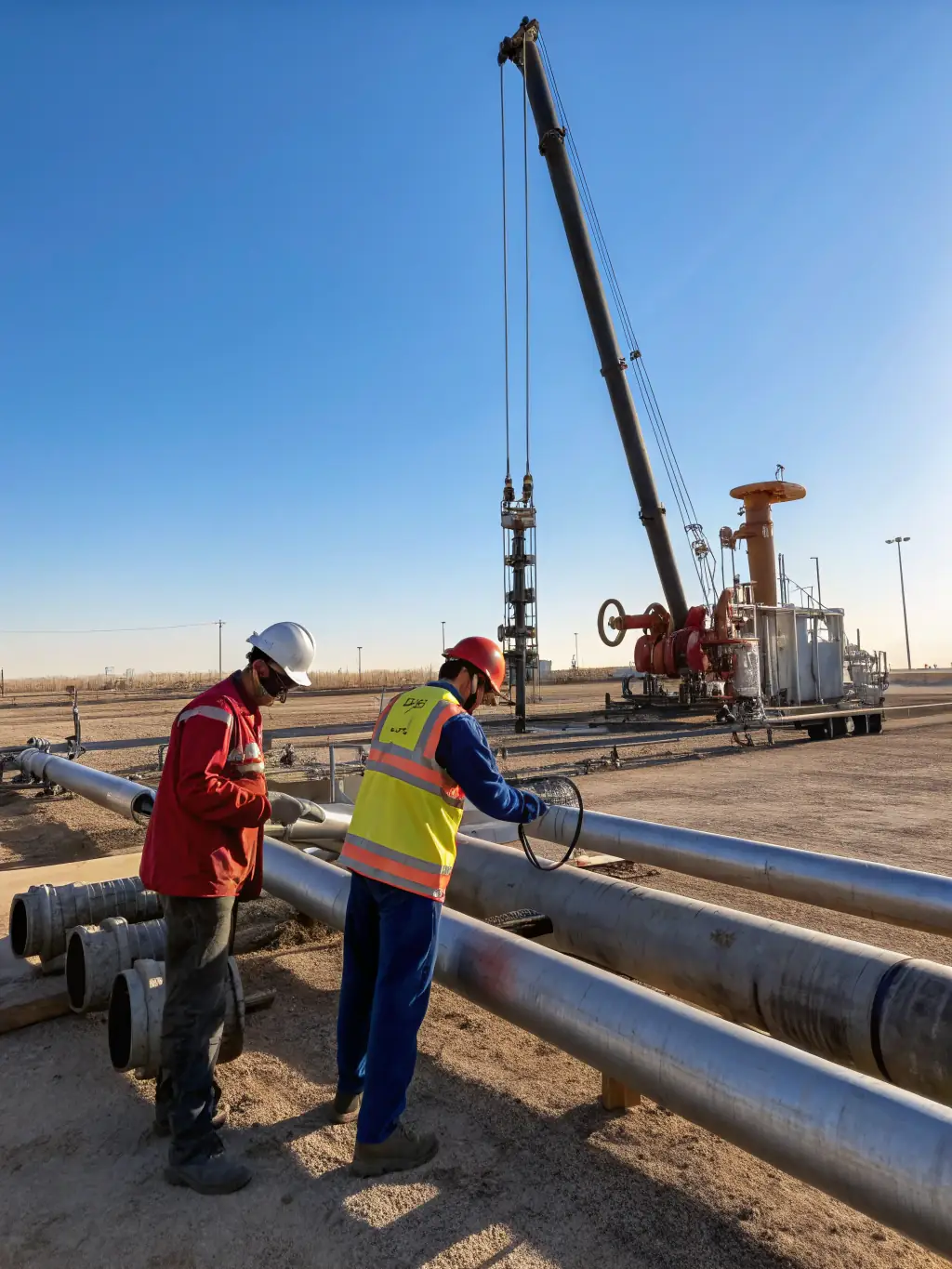 Technicians inspecting oil equipment with safety gear in an industrial setting.