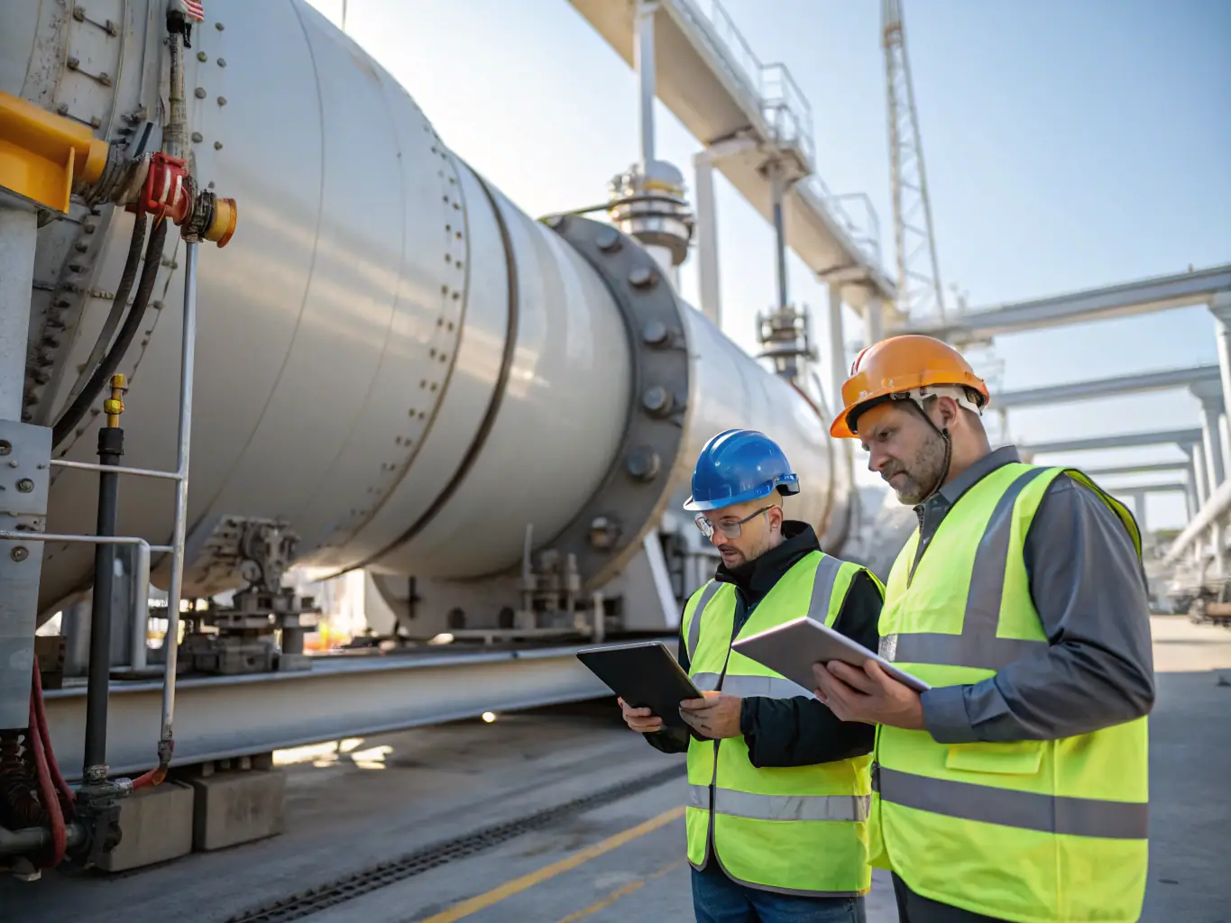 A detailed image of technicians inspecting oil equipment in an industrial setting, all wearing safety gear and using diagnostic tools.