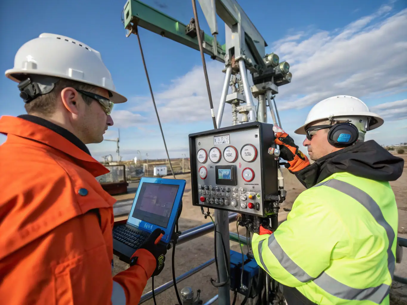 A high-resolution image of seismic survey equipment being used in an oil field, with geologists analyzing data on-site.