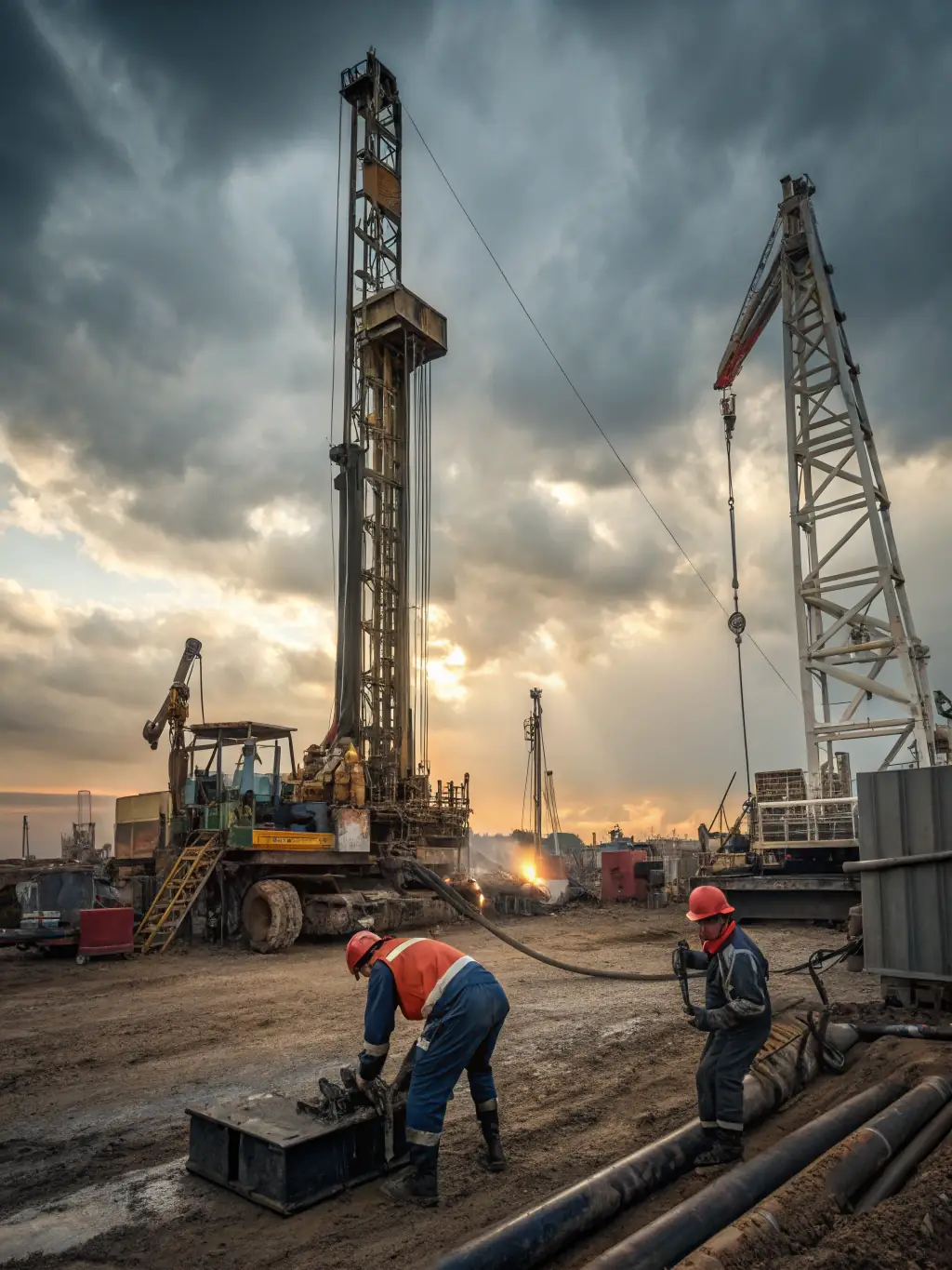 A drilling rig operating in an oil field with crew members in safety gear.