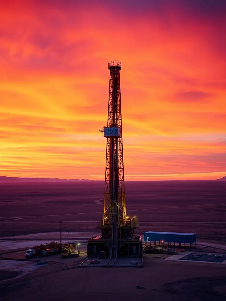 A high-resolution photograph of a drilling rig at sunset, showcasing the scale and complexity of oil and gas operations. The image should convey a sense of industry and progress.