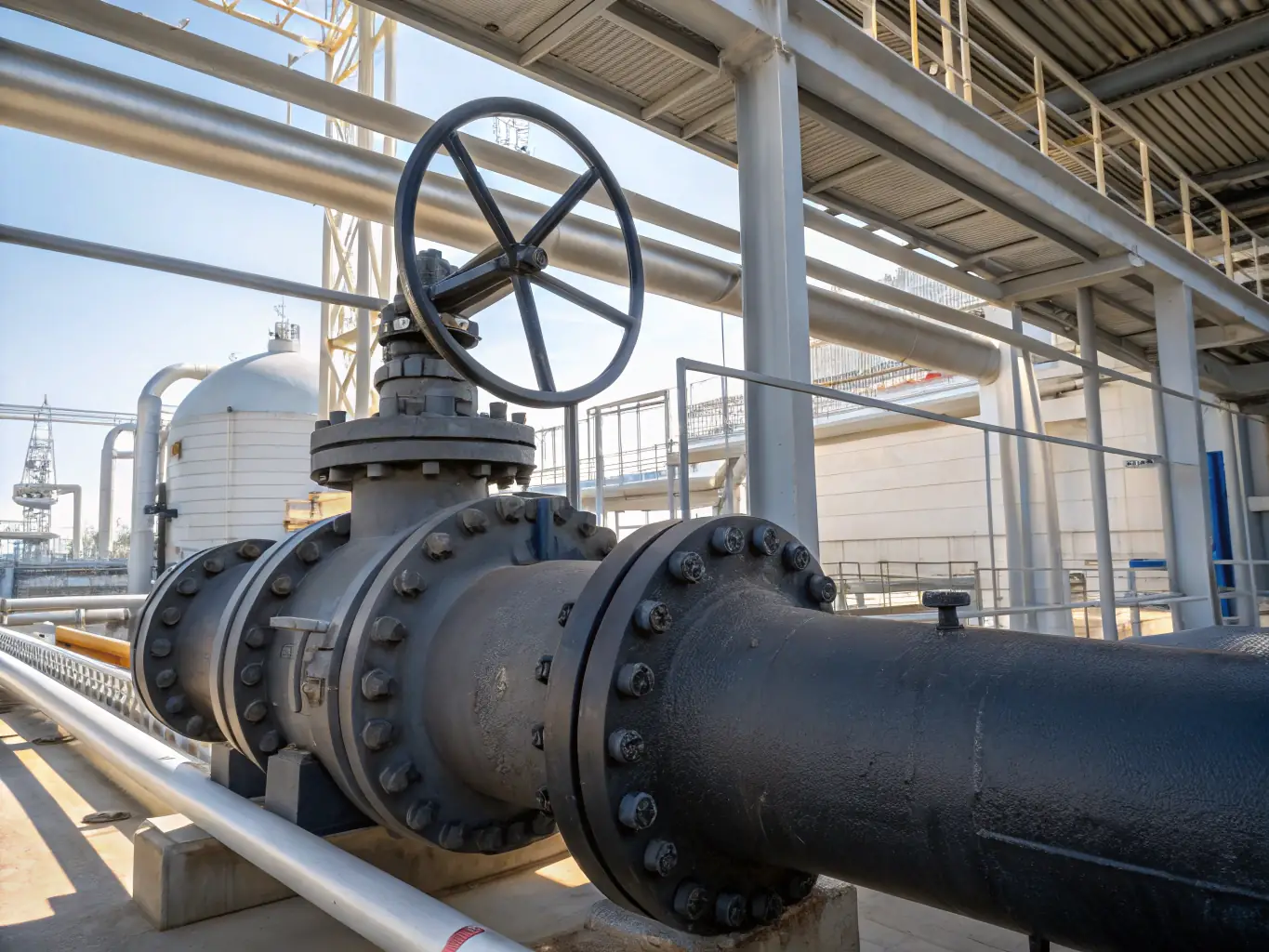 A detailed close-up of a pipeline valve, highlighting its precision engineering and corrosion-resistant materials, with a blurred background of a natural gas processing plant.