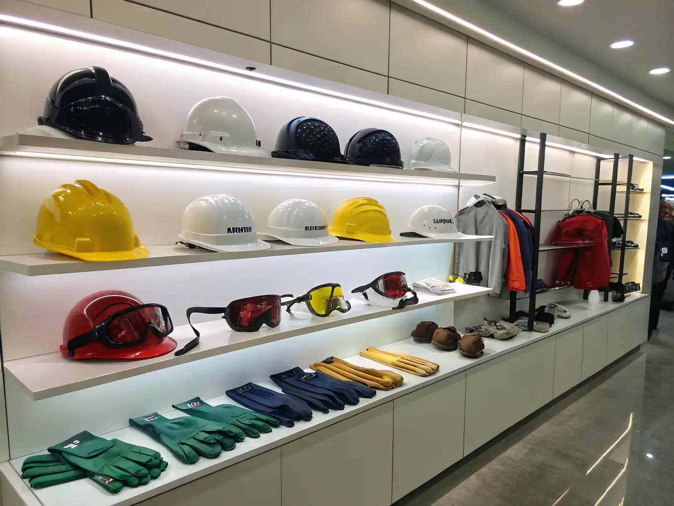 An image of safety equipment, including helmets, gloves, and protective eyewear, arranged neatly on a workbench in a well-lit industrial setting.