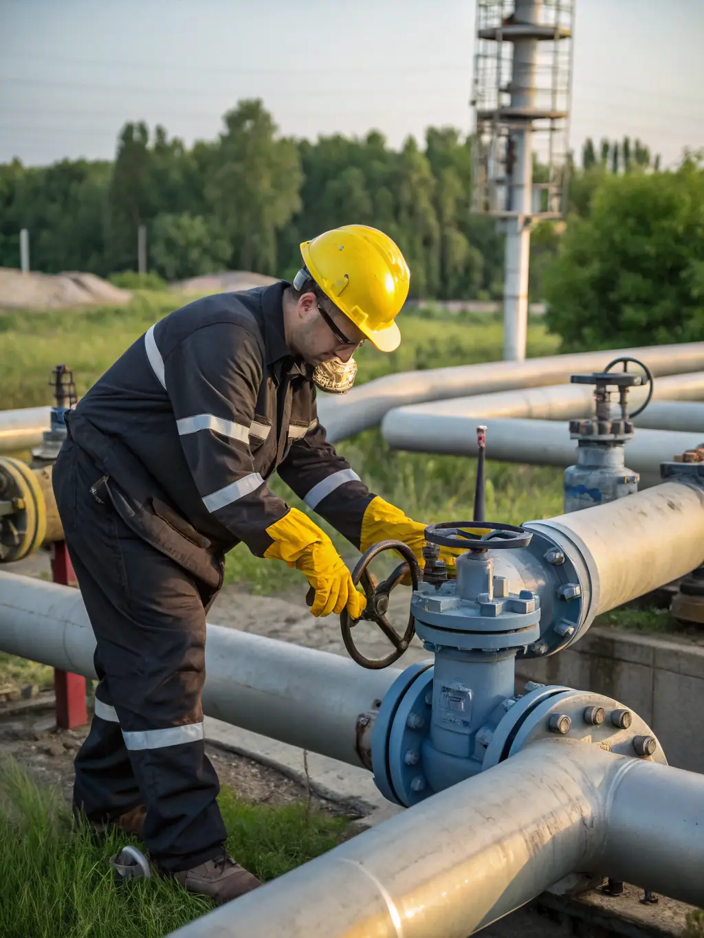 A detailed image of a pipeline construction site, with workers welding and inspecting the pipeline. The image should emphasize safety and precision.