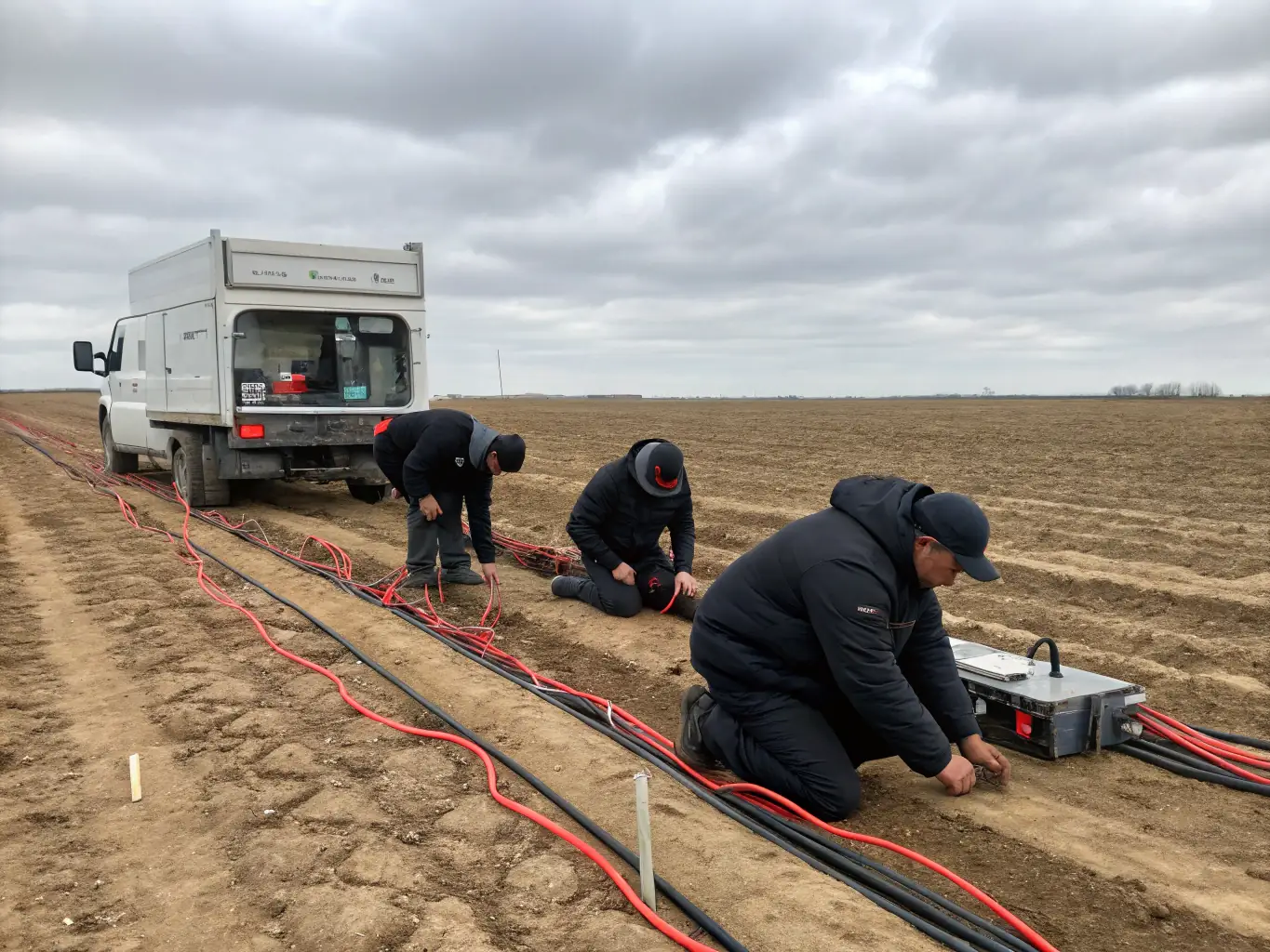 A detailed image of a seismic survey operation in a remote field location, showcasing advanced equipment and skilled personnel conducting geological assessments for oil and gas exploration.