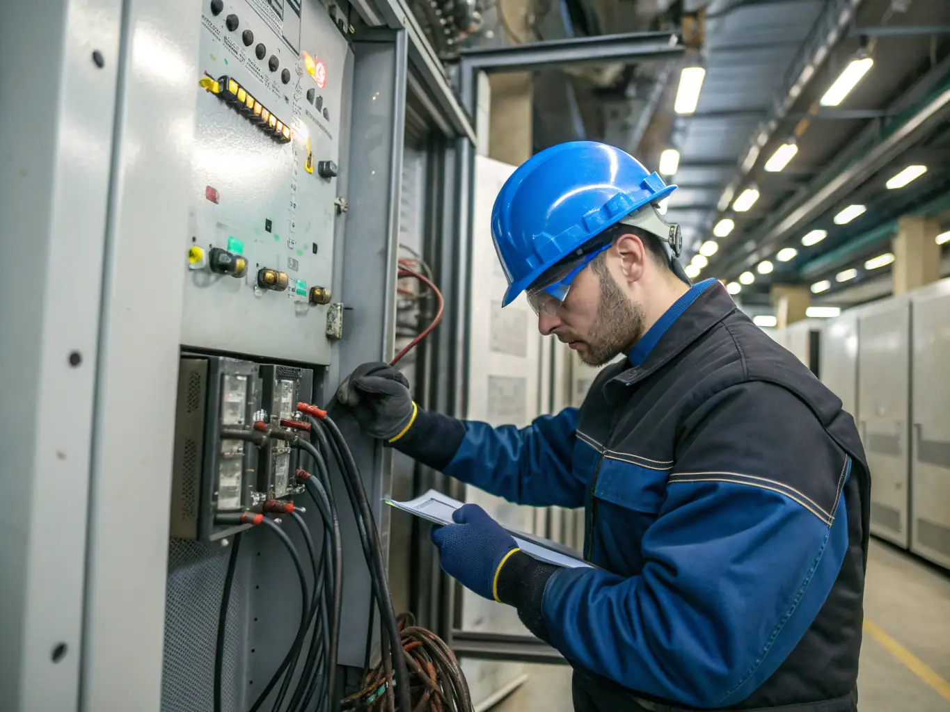 An image of a technician performing a detailed safety inspection on oil and gas equipment, highlighting the use of advanced diagnostic tools and adherence to safety protocols.